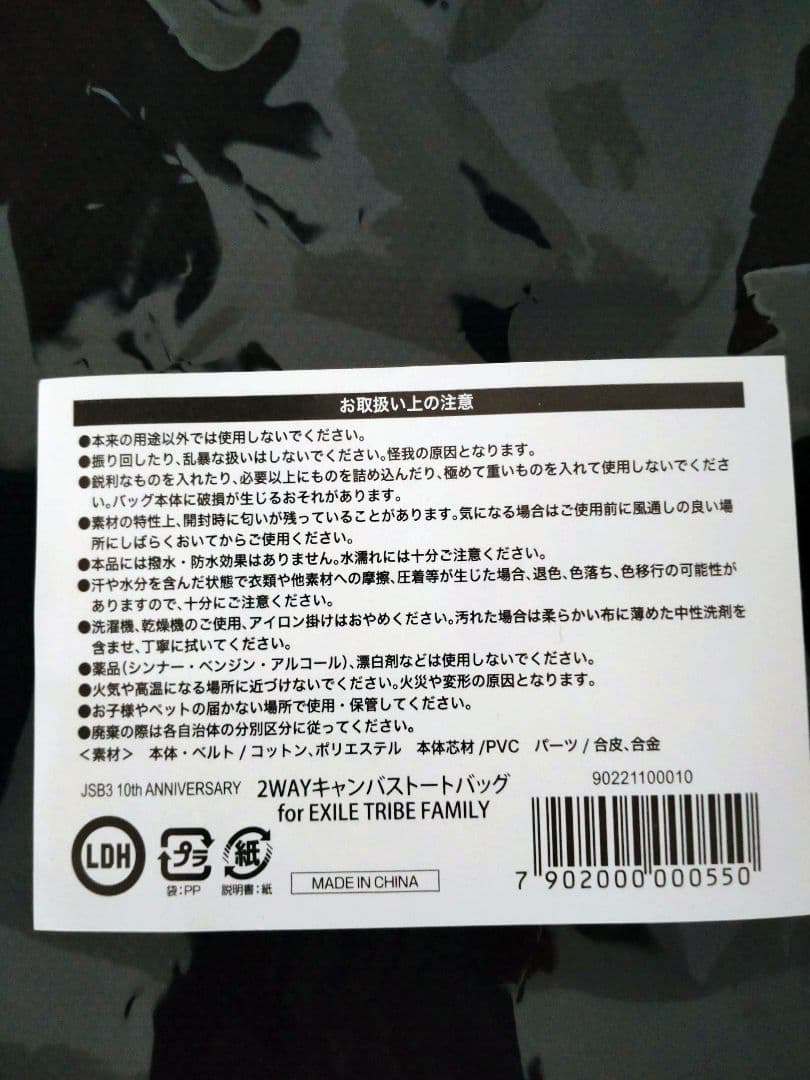 三代目JSB　10th ANNIVERSARY　2WAYキャンバストートバッグ