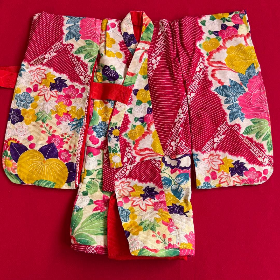 市松人形 13号(47cm)サイズの着物　比翼仕立て　赤地模様　椿紅葉芍薬　ち