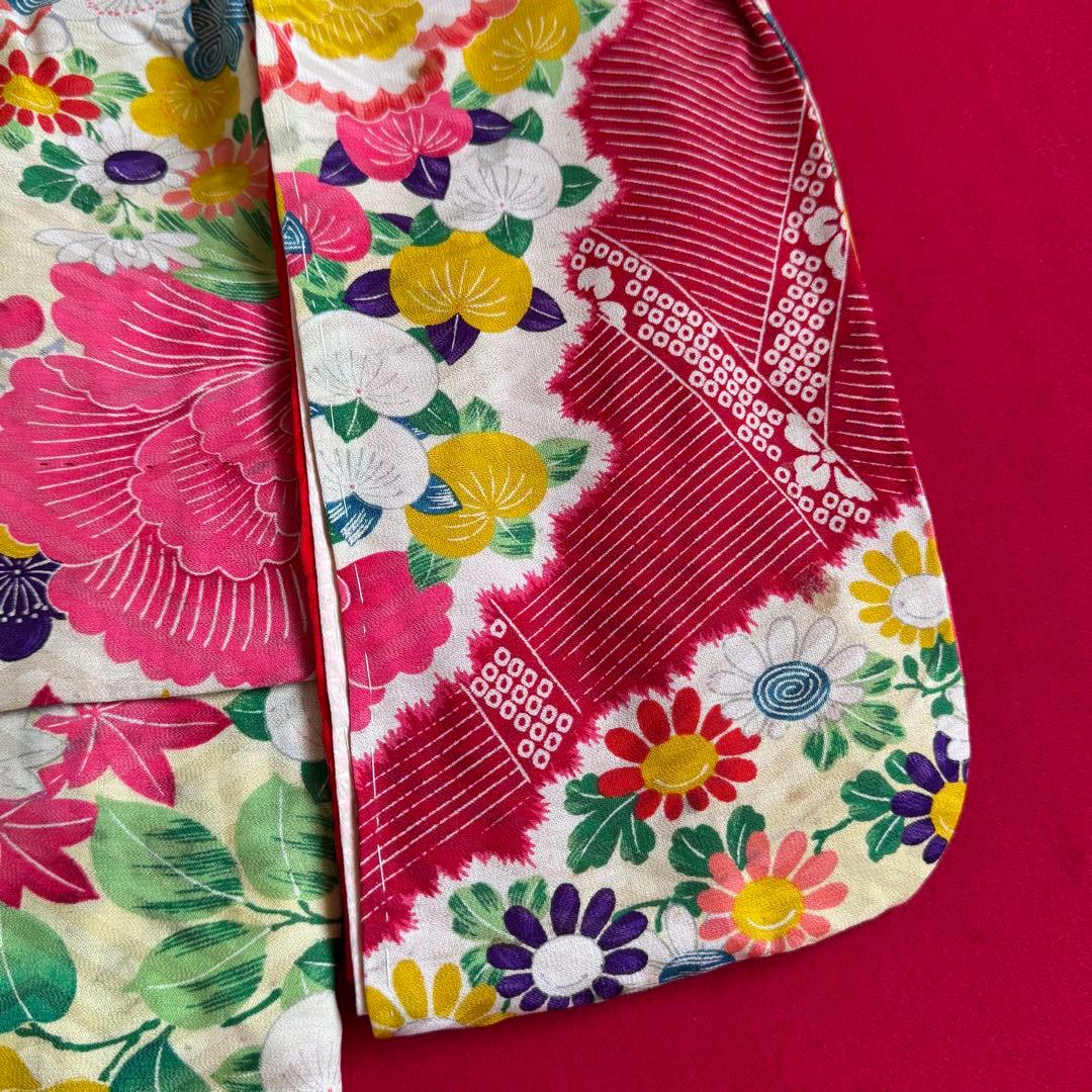 市松人形 13号(47cm)サイズの着物　比翼仕立て　赤地模様　椿紅葉芍薬　ち