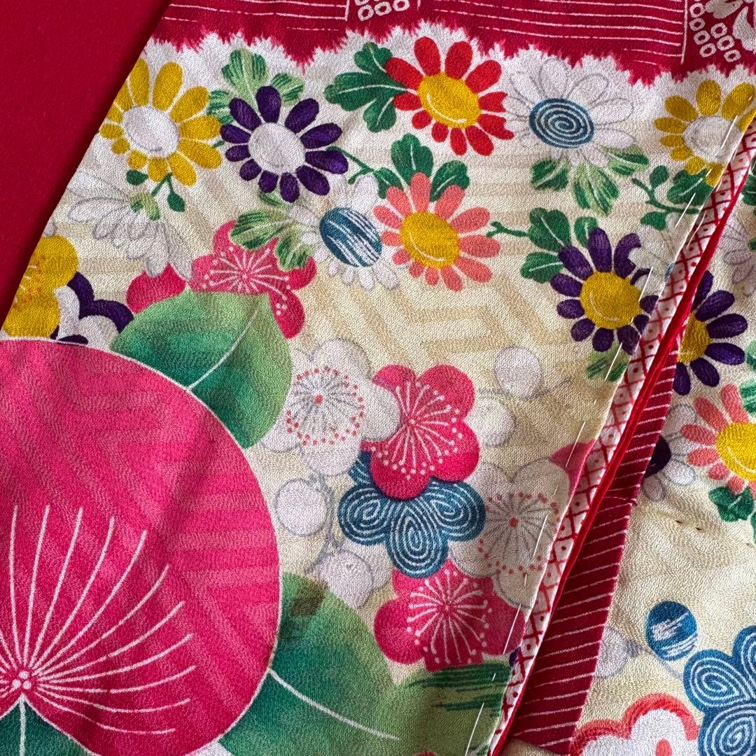 市松人形 13号(47cm)サイズの着物　比翼仕立て　赤地模様　椿紅葉芍薬　ち