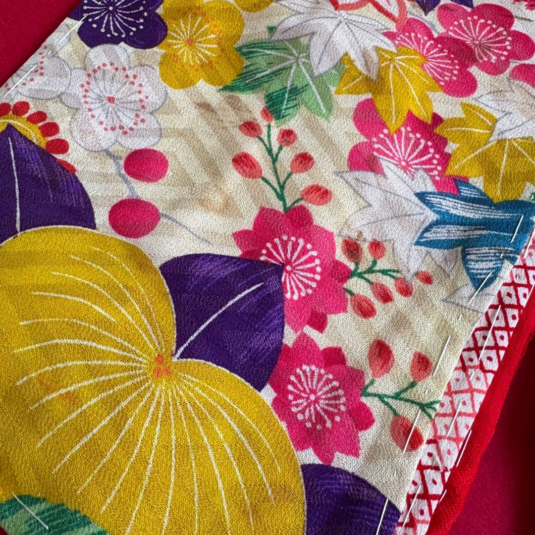 市松人形 13号(47cm)サイズの着物　比翼仕立て　赤地模様　椿紅葉芍薬　ち