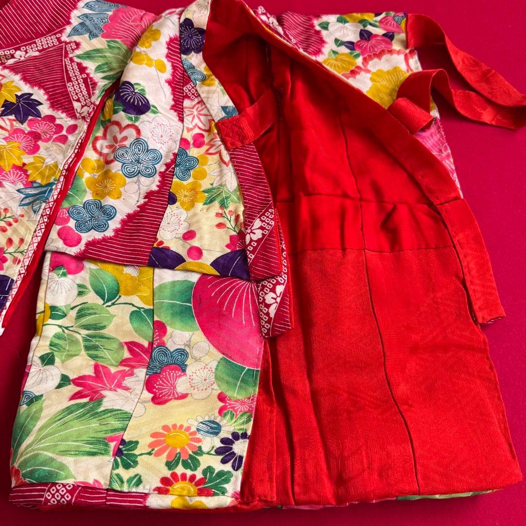 市松人形 13号(47cm)サイズの着物　比翼仕立て　赤地模様　椿紅葉芍薬　ち