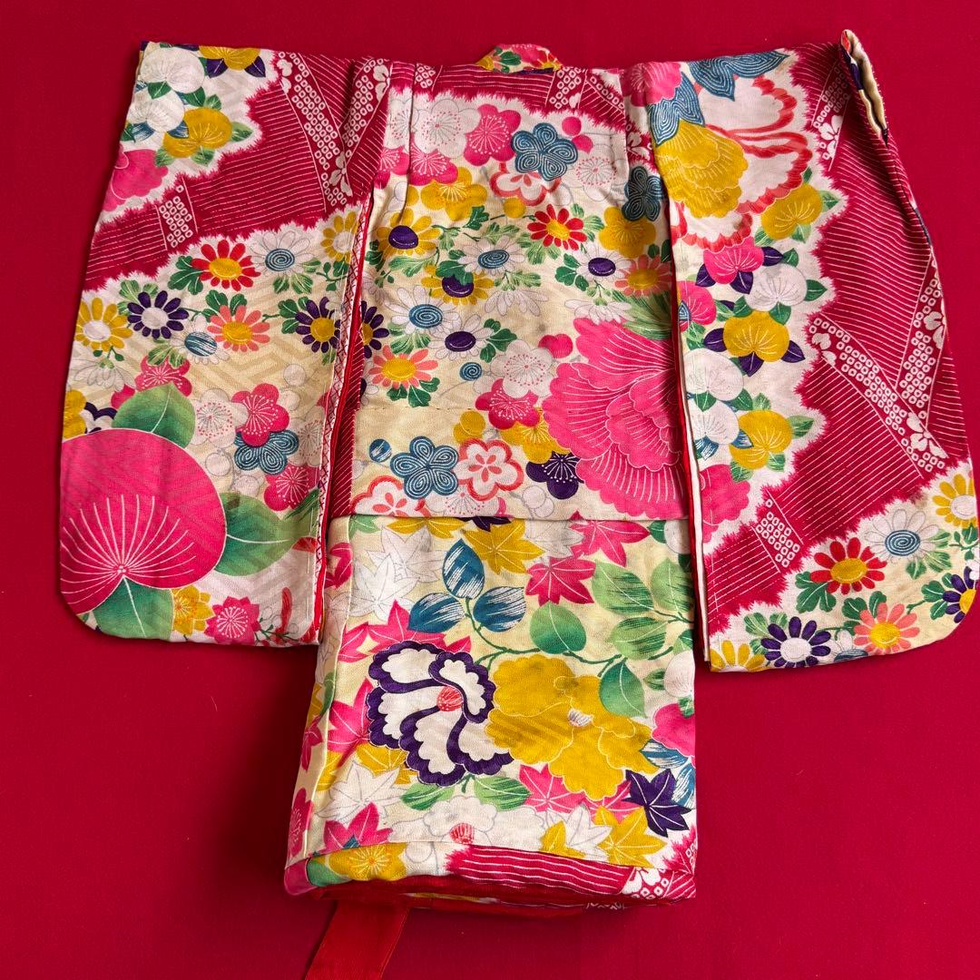 市松人形 13号(47cm)サイズの着物　比翼仕立て　赤地模様　椿紅葉芍薬　ち