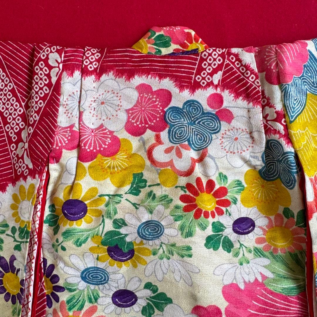 市松人形 13号(47cm)サイズの着物　比翼仕立て　赤地模様　椿紅葉芍薬　ち