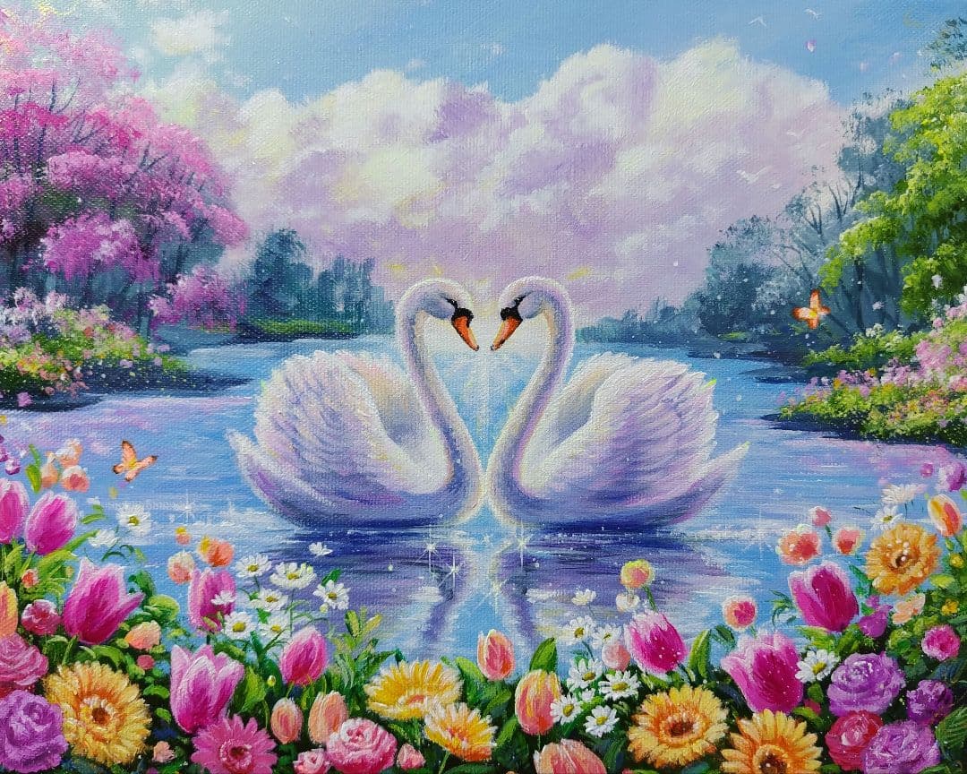 ま*ん様 【白鳥】アクリル画 F3 風景画 絵画