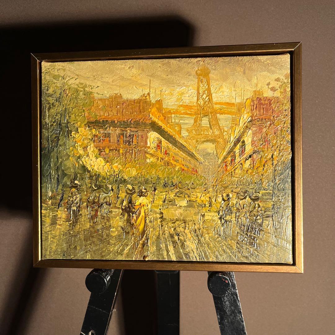 手描き油絵 パリの風景 エッフェル塔 ダーク 額付 肉筆絵画 インテリア 油彩画