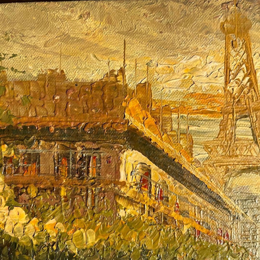 手描き油絵 パリの風景 エッフェル塔 ダーク 額付 肉筆絵画 インテリア 油彩画