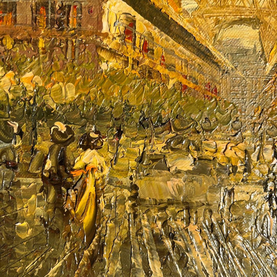 手描き油絵 パリの風景 エッフェル塔 ダーク 額付 肉筆絵画 インテリア 油彩画