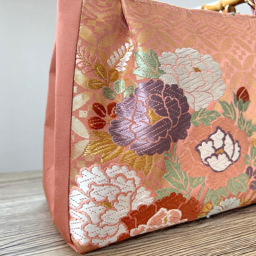 帯 リメイク バンブーハンドル 和装バッグ くすみピンク 着物バッグ