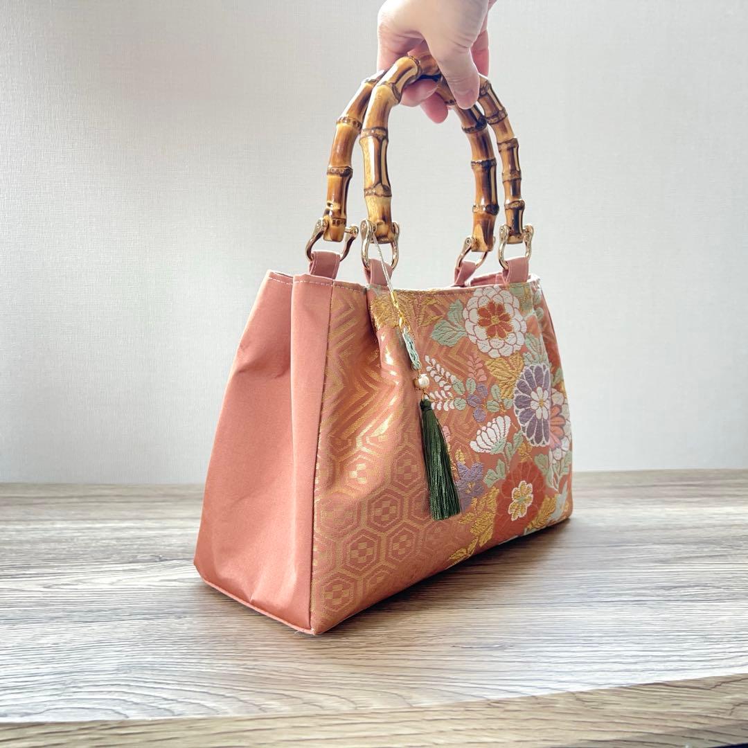 帯 リメイク バンブーハンドル 和装バッグ くすみピンク 着物バッグ