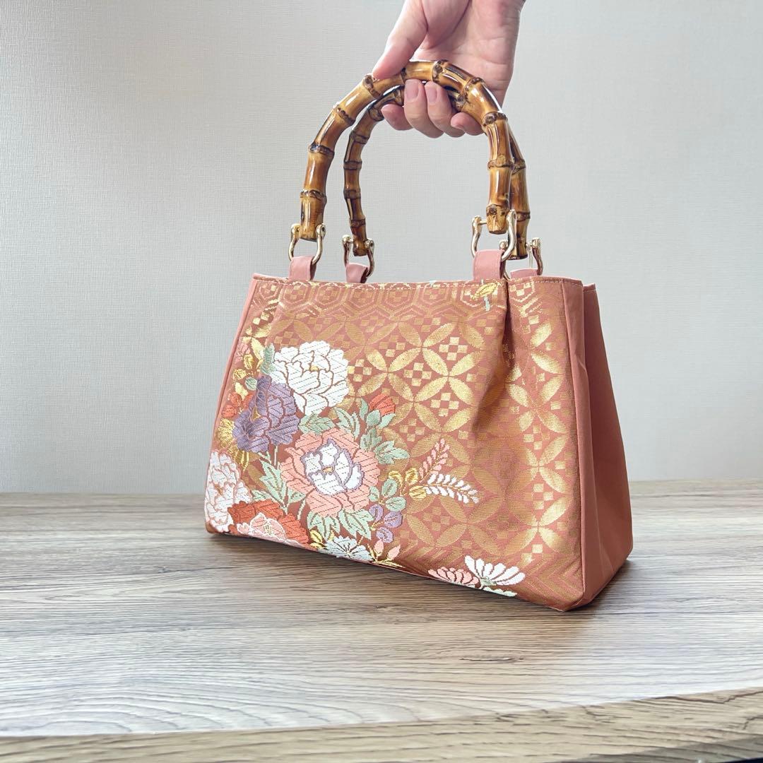 帯 リメイク バンブーハンドル 和装バッグ くすみピンク 着物バッグ