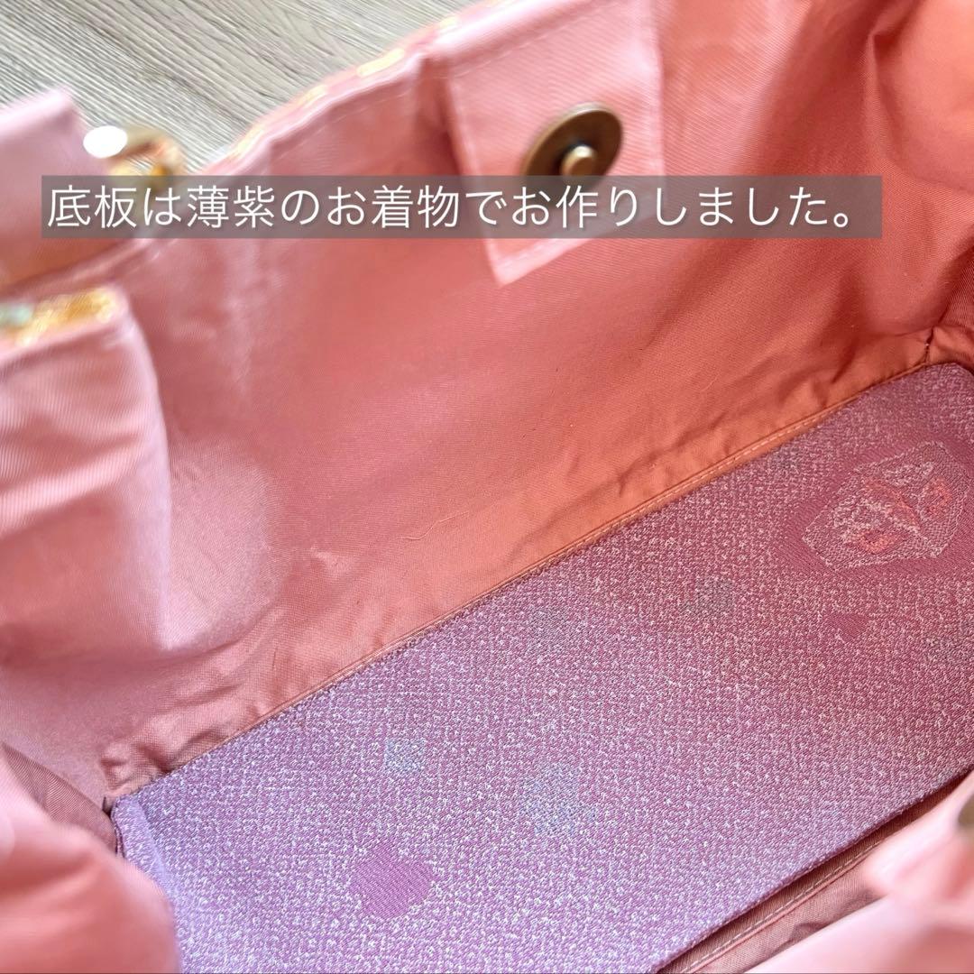 帯 リメイク バンブーハンドル 和装バッグ くすみピンク 着物バッグ