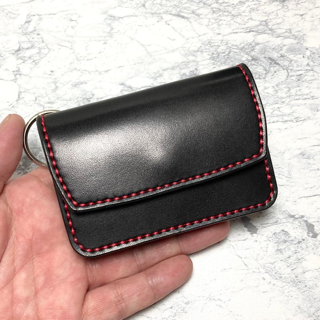 【総手縫い】栃木レザー ミニ財布 キーリング付 本革 黒×赤 コンパクト財布