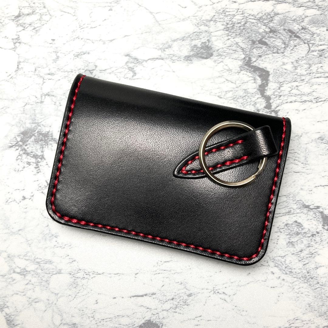 【総手縫い】栃木レザー ミニ財布 キーリング付 本革 黒×赤 コンパクト財布