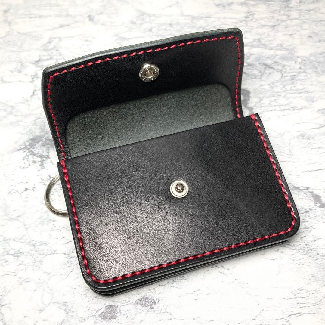 【総手縫い】栃木レザー ミニ財布 キーリング付 本革 黒×赤 コンパクト財布