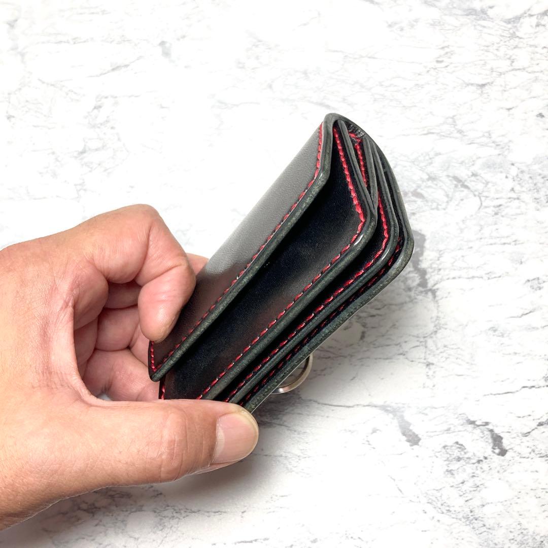 【総手縫い】栃木レザー ミニ財布 キーリング付 本革 黒×赤 コンパクト財布