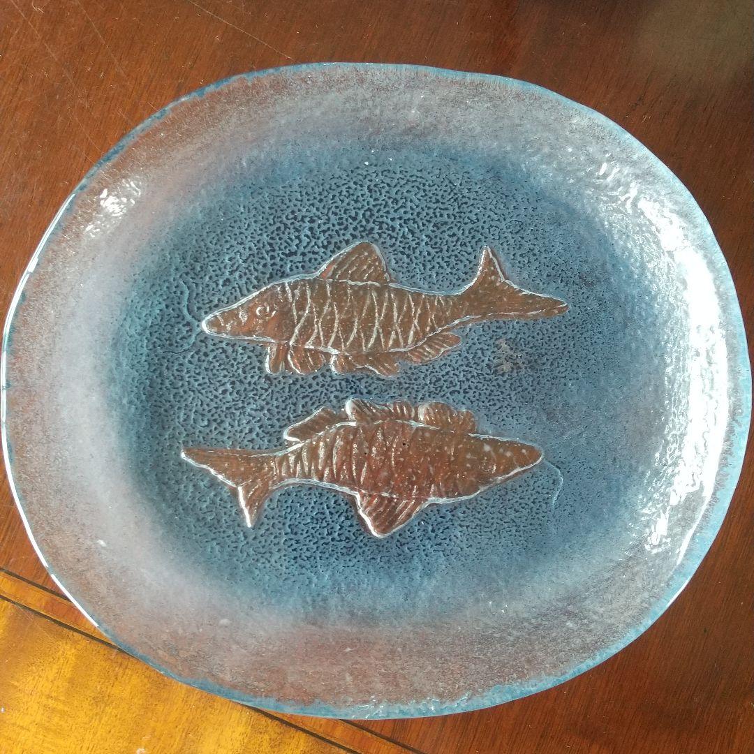 吹墨魚双魚文隋円皿 河上恭一郎作 ガラス皿 2枚セット