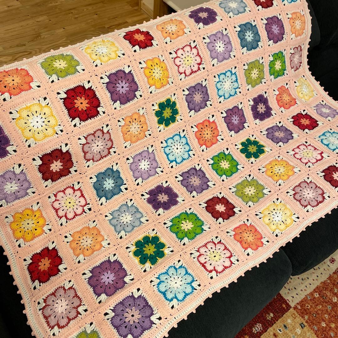 ハンドメイド　ブランケット　アフリカンフラワー　モチーフ　コットン