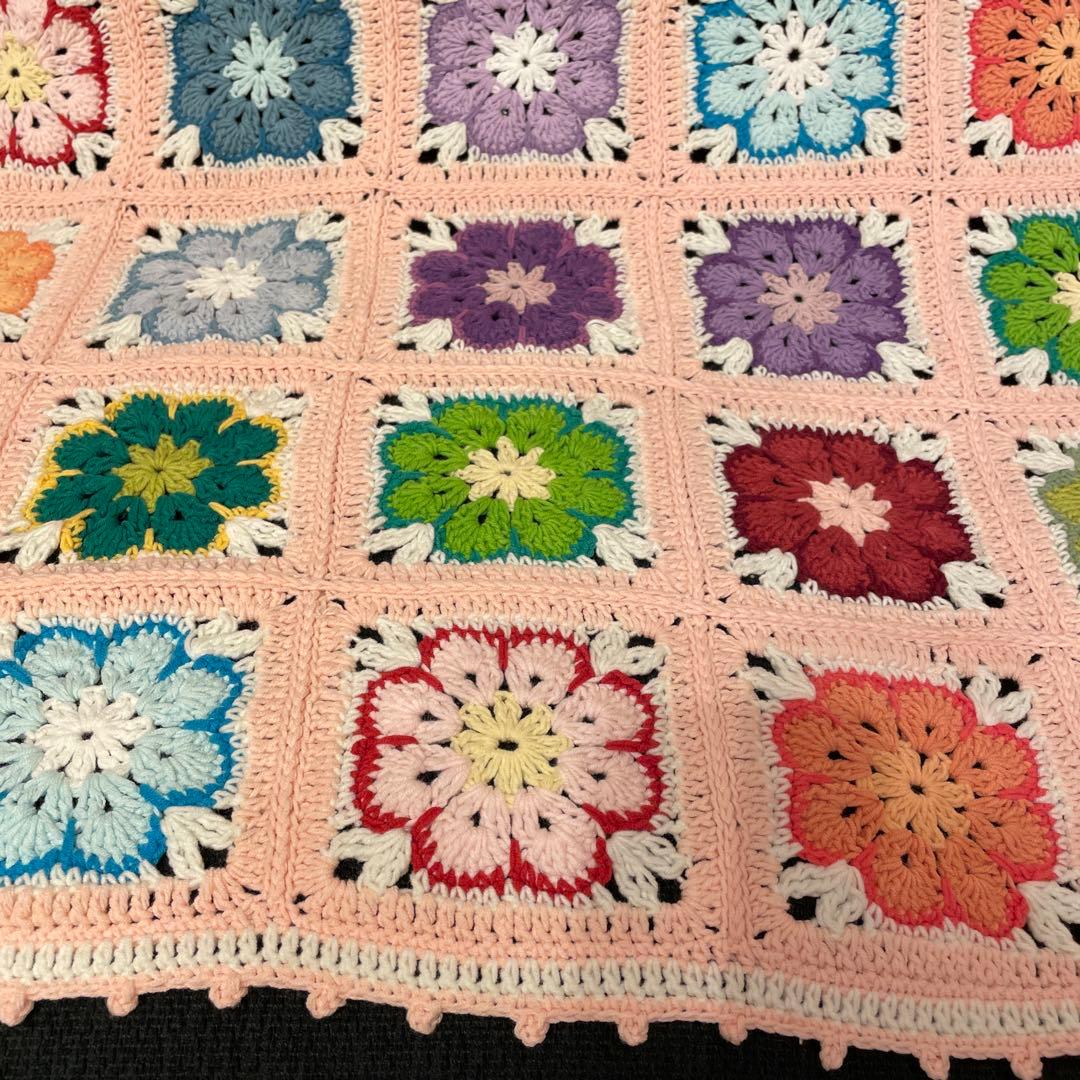 ハンドメイド　ブランケット　アフリカンフラワー　モチーフ　コットン