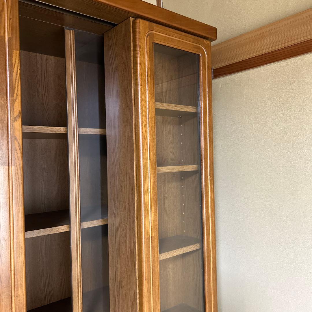 木製ガラス扉付き本棚 スライド式