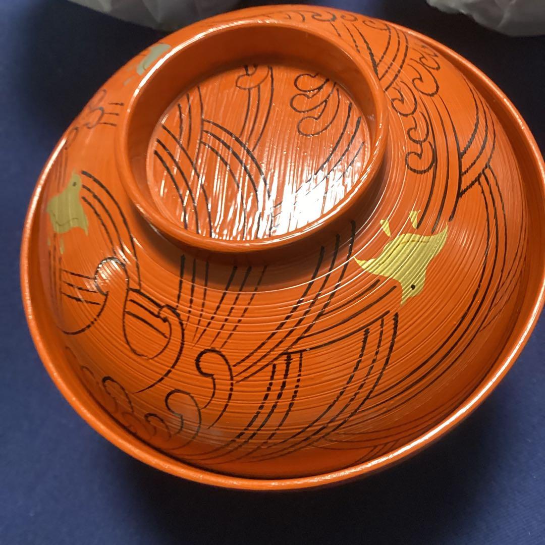 しろ　木製洗朱波千鳥椀5客　　新品未使用