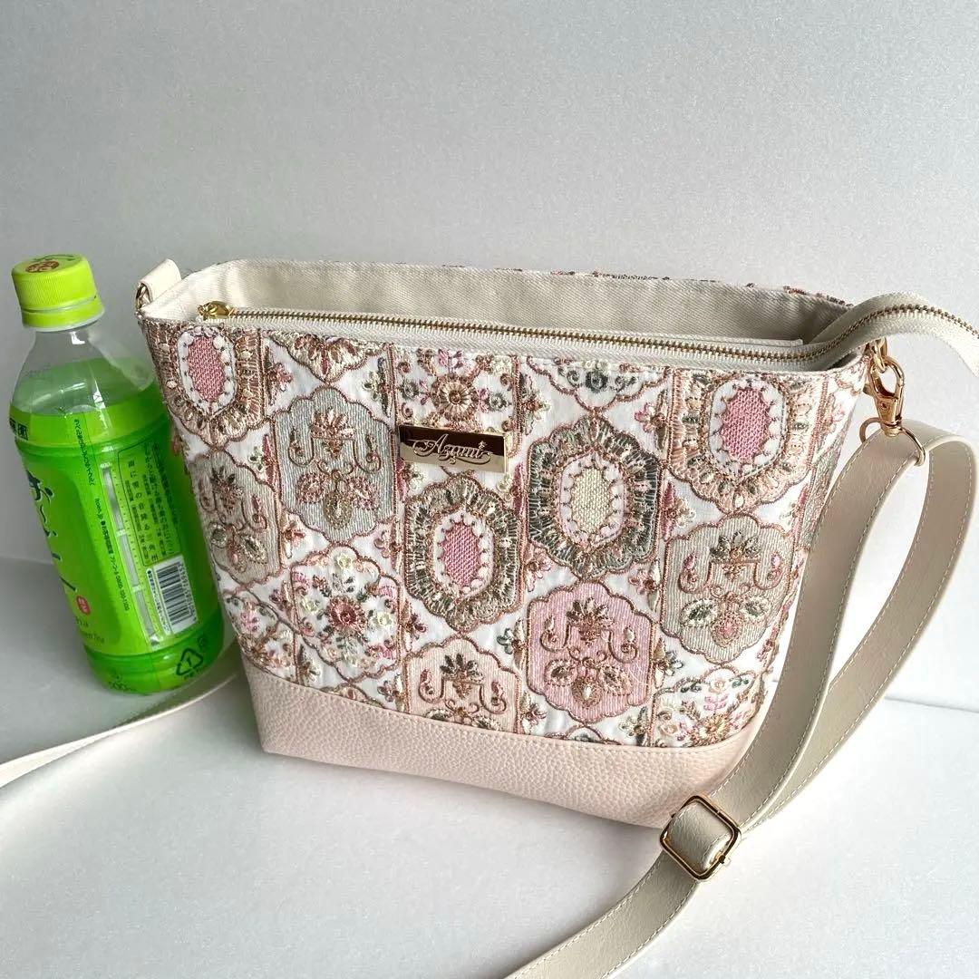 ★mayu★　横長ショルダーバッグ　インド刺繍ピンク系と合皮　ハンドメイド