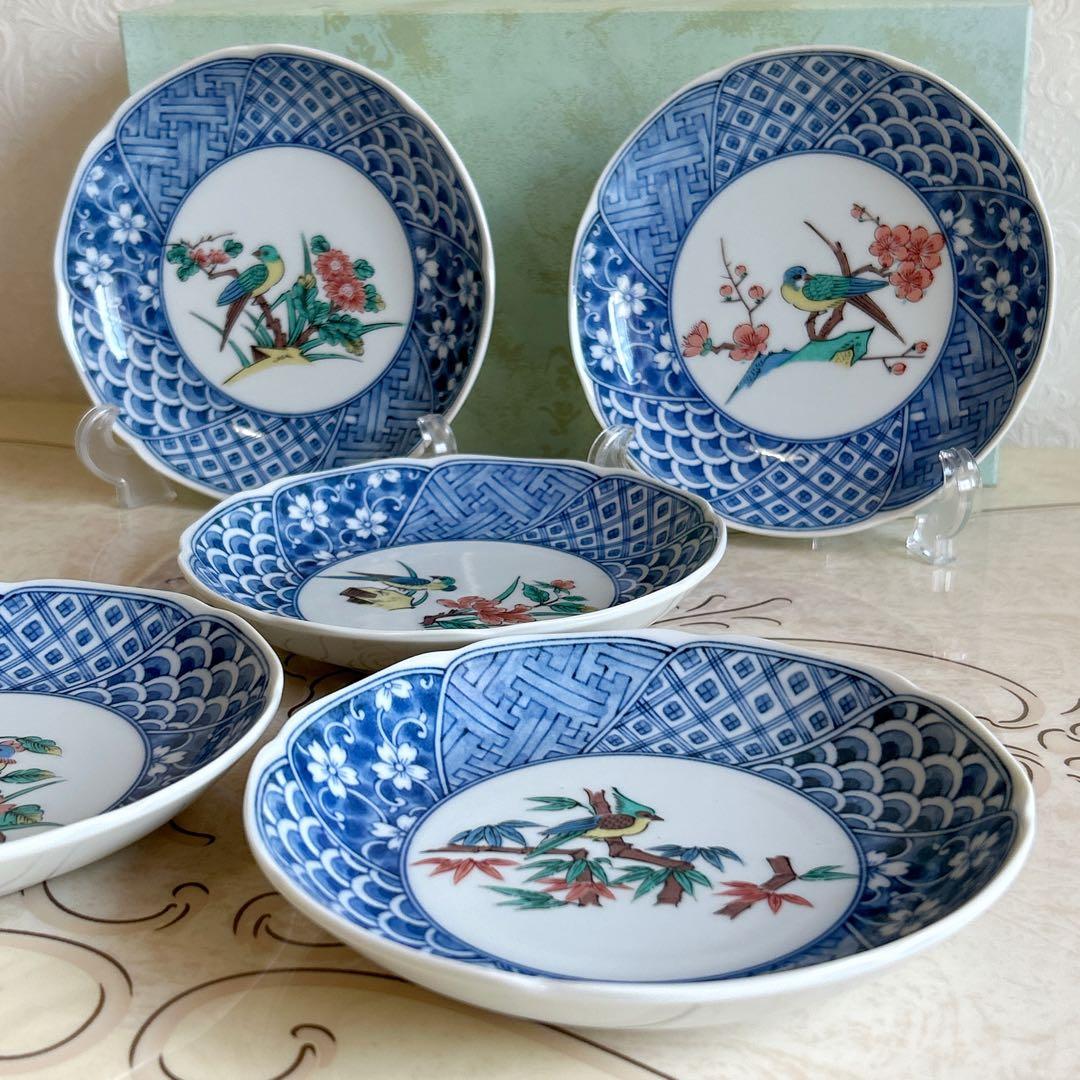 九谷焼　仙峰窯　絵変わり　祥瑞花鳥　銘々皿揃　5枚セット　中皿　和皿　深皿　色絵