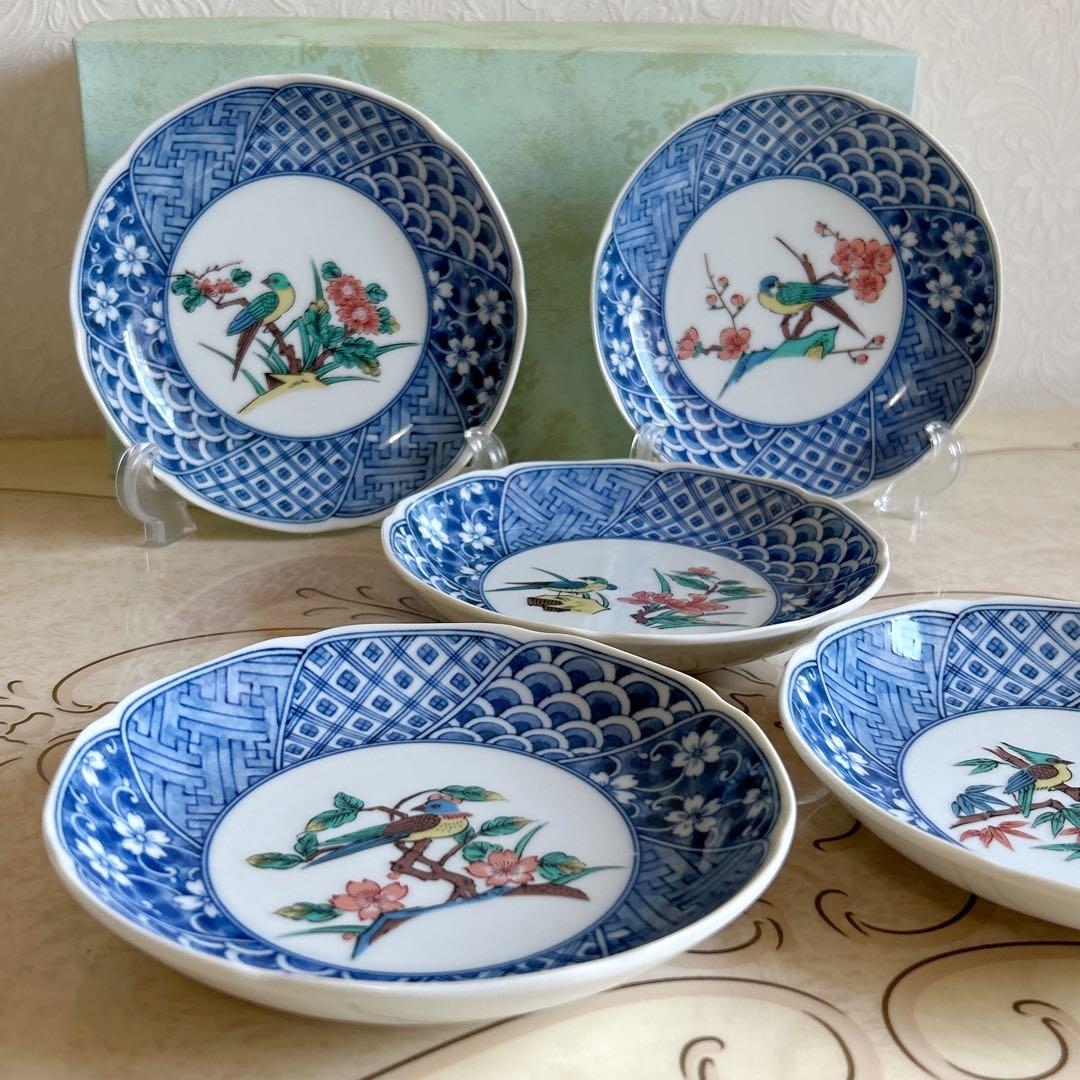 九谷焼　仙峰窯　絵変わり　祥瑞花鳥　銘々皿揃　5枚セット　中皿　和皿　深皿　色絵