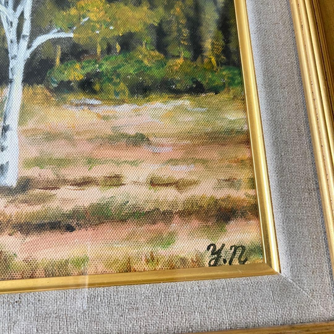 並木保次「貴婦人の白樺」油彩 F4 額装 油絵 油画 絵画 D