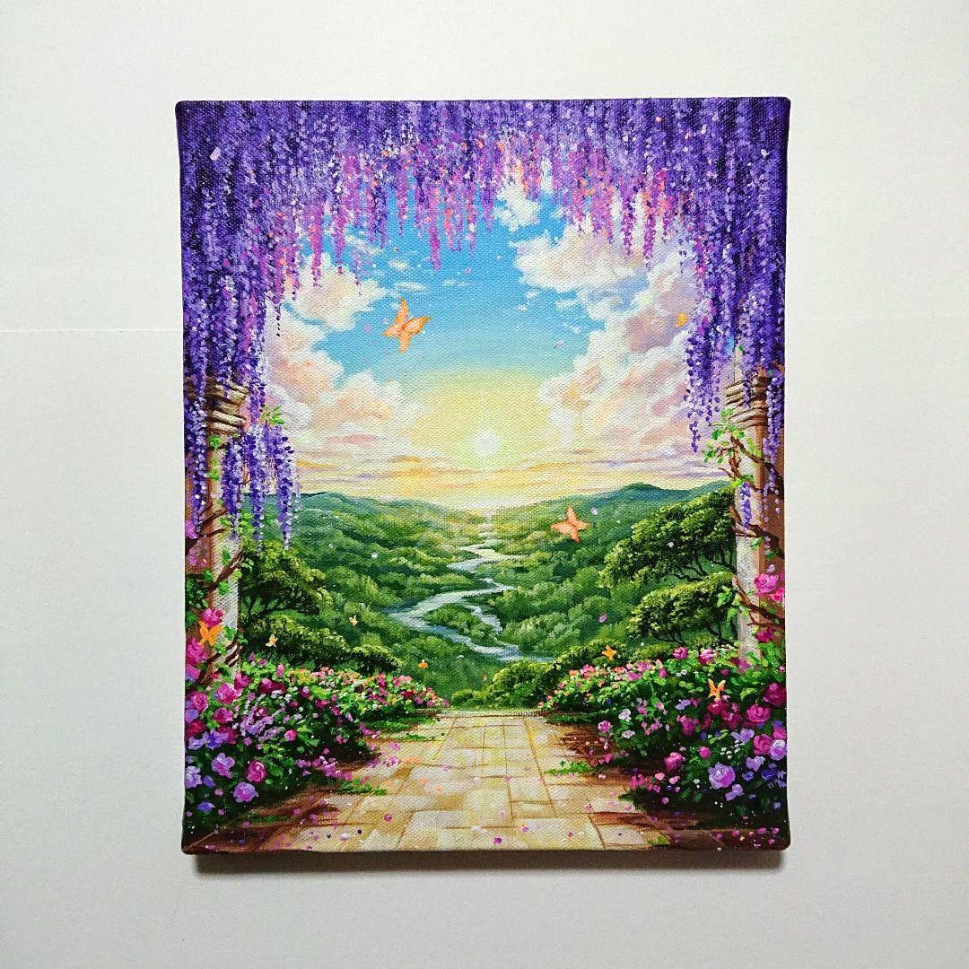 【藤のアーチ】アクリル画 F3 風景画 絵画