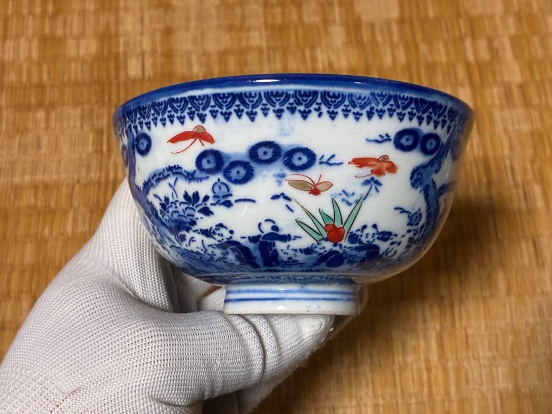 古伊万里 染付 印判 色絵 蓋物 九客 膾皿 十枚 印あり 時代物 まとめて揃い