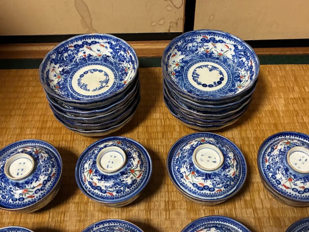 古伊万里 染付 印判 色絵 蓋物 九客 膾皿 十枚 印あり 時代物 まとめて揃い