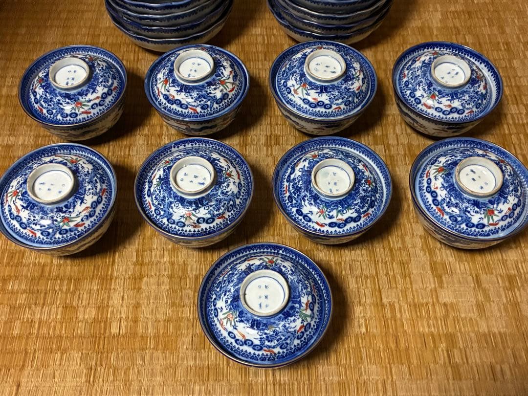 古伊万里 染付 印判 色絵 蓋物 九客 膾皿 十枚 印あり 時代物 まとめて揃い