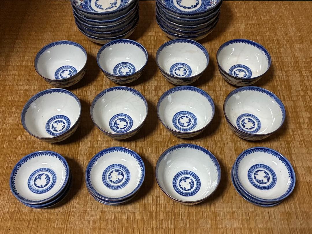 古伊万里 染付 印判 色絵 蓋物 九客 膾皿 十枚 印あり 時代物 まとめて揃い