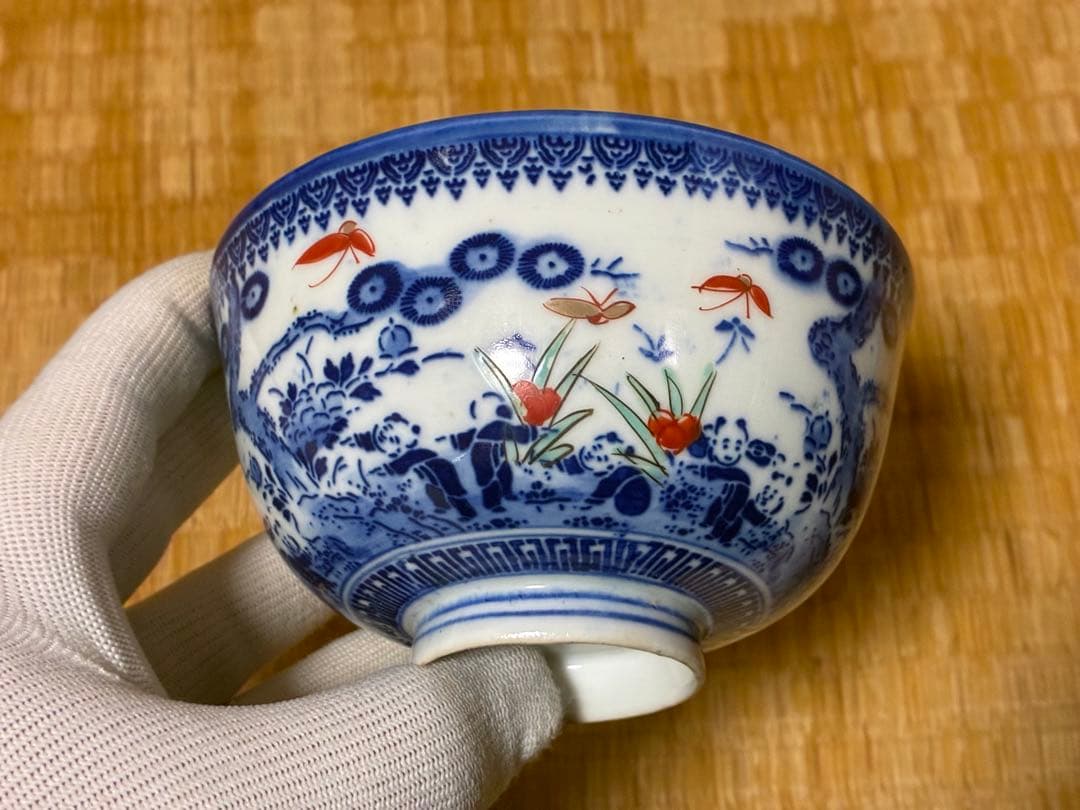 古伊万里 染付 印判 色絵 蓋物 九客 膾皿 十枚 印あり 時代物 まとめて揃い