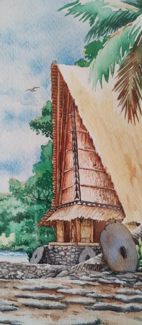 南国ヤップ島　水彩画　額付　約46×39cm　インテリア