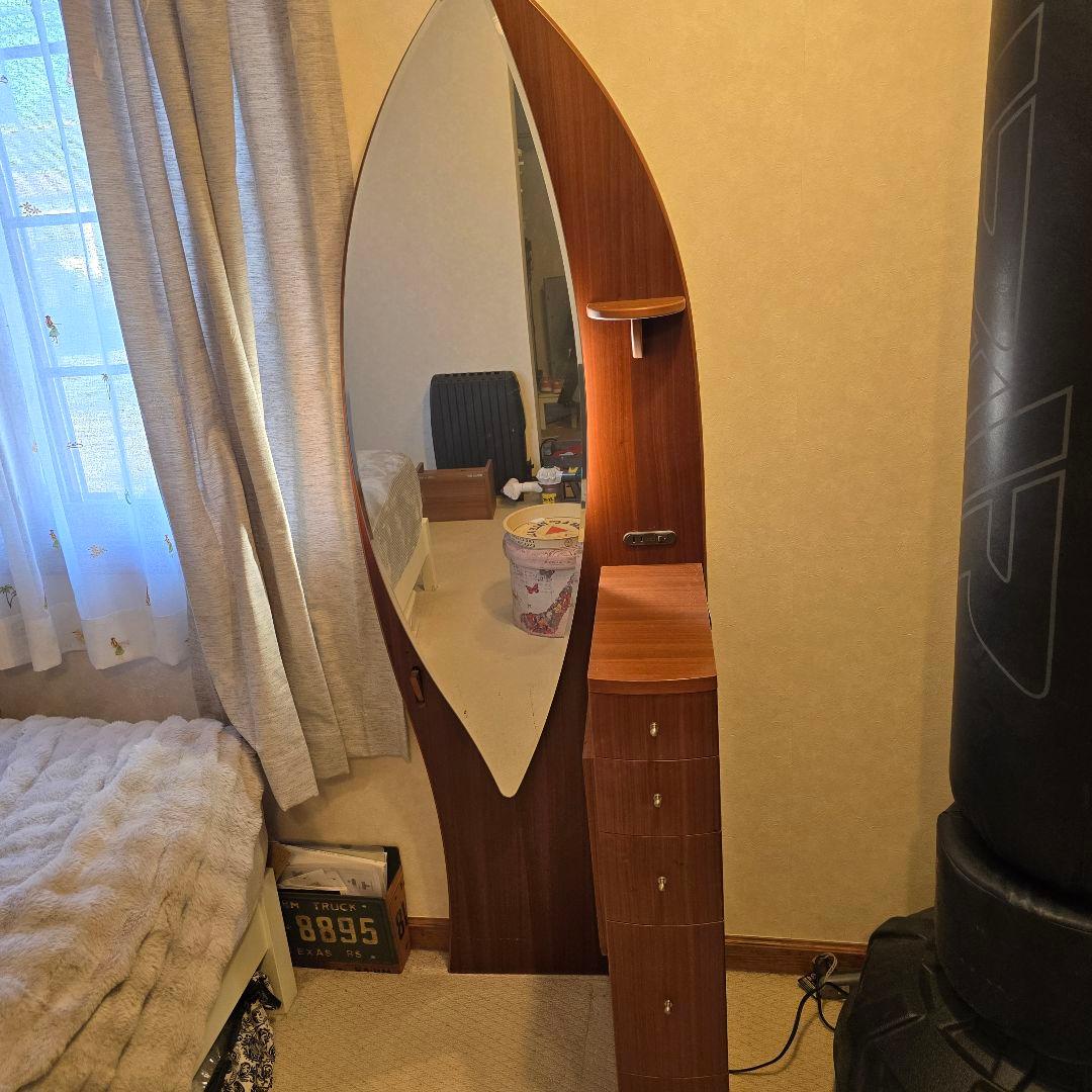 化粧台 サーフボード型 ライト付 収納 ミラー 全身鏡 寝室 メイ ドレッサー