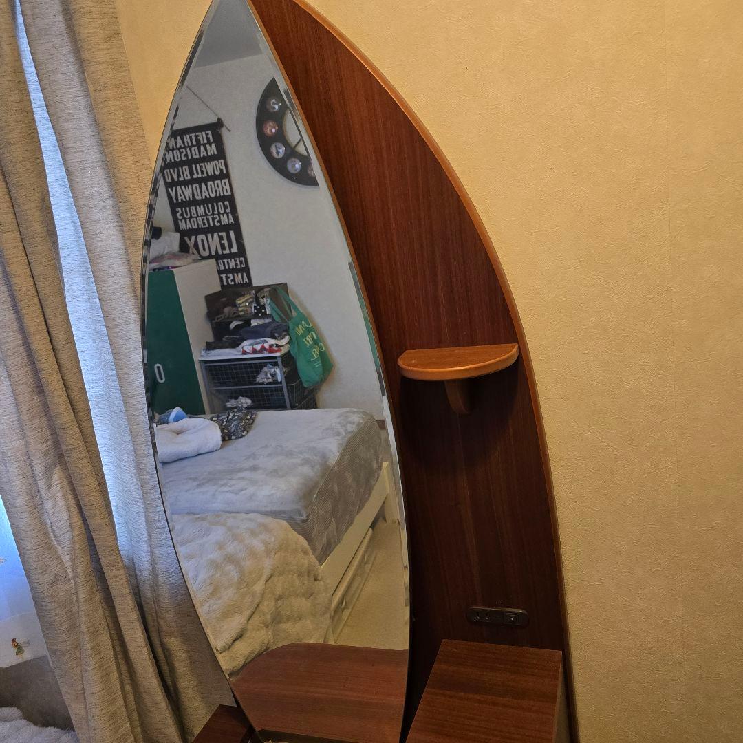 化粧台 サーフボード型 ライト付 収納 ミラー 全身鏡 寝室 メイ ドレッサー