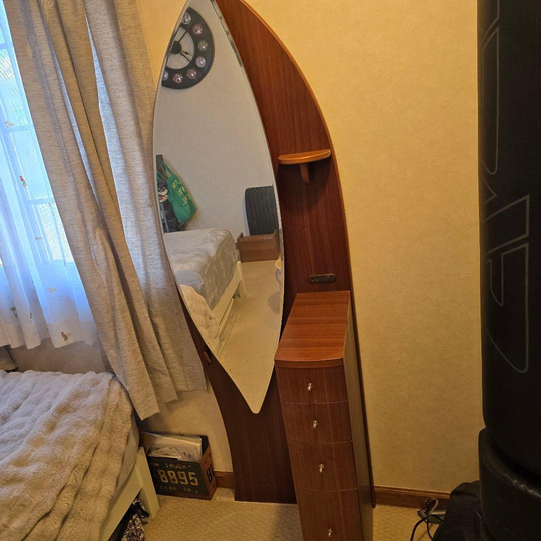 化粧台 サーフボード型 ライト付 収納 ミラー 全身鏡 寝室 メイ ドレッサー