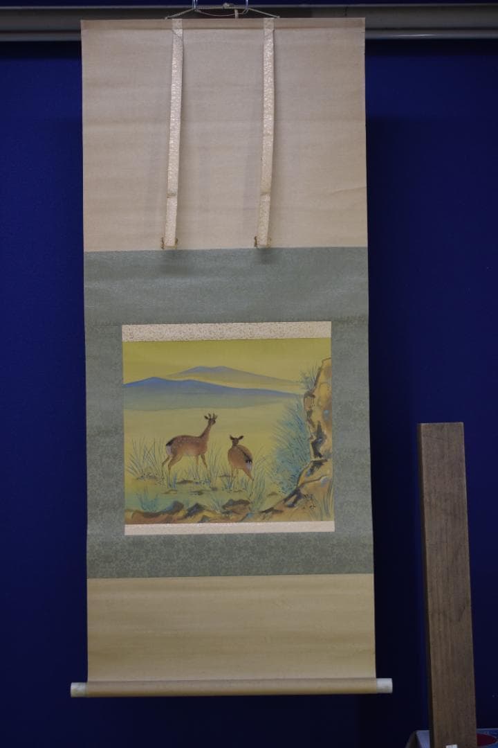 作者不詳/湖畔双鹿図/掛軸☆宝船☆Z-564