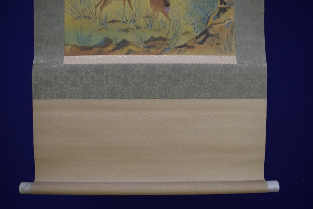 作者不詳/湖畔双鹿図/掛軸☆宝船☆Z-564