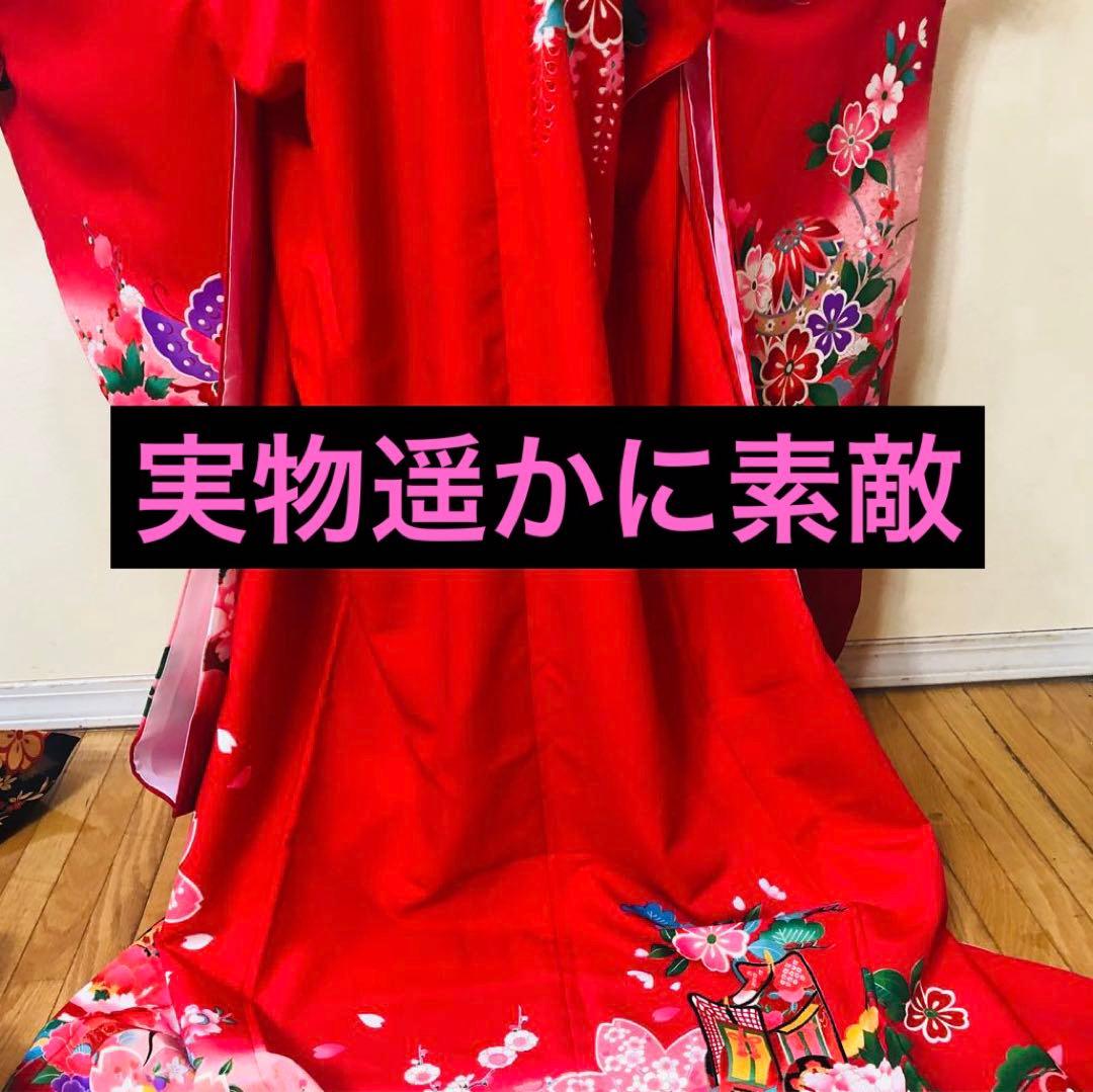 七五三七歳未使用着物‼️人気赤地暈し⭐︎御所車手毬花々煌びやか際立つ⭐︎安心フルセット