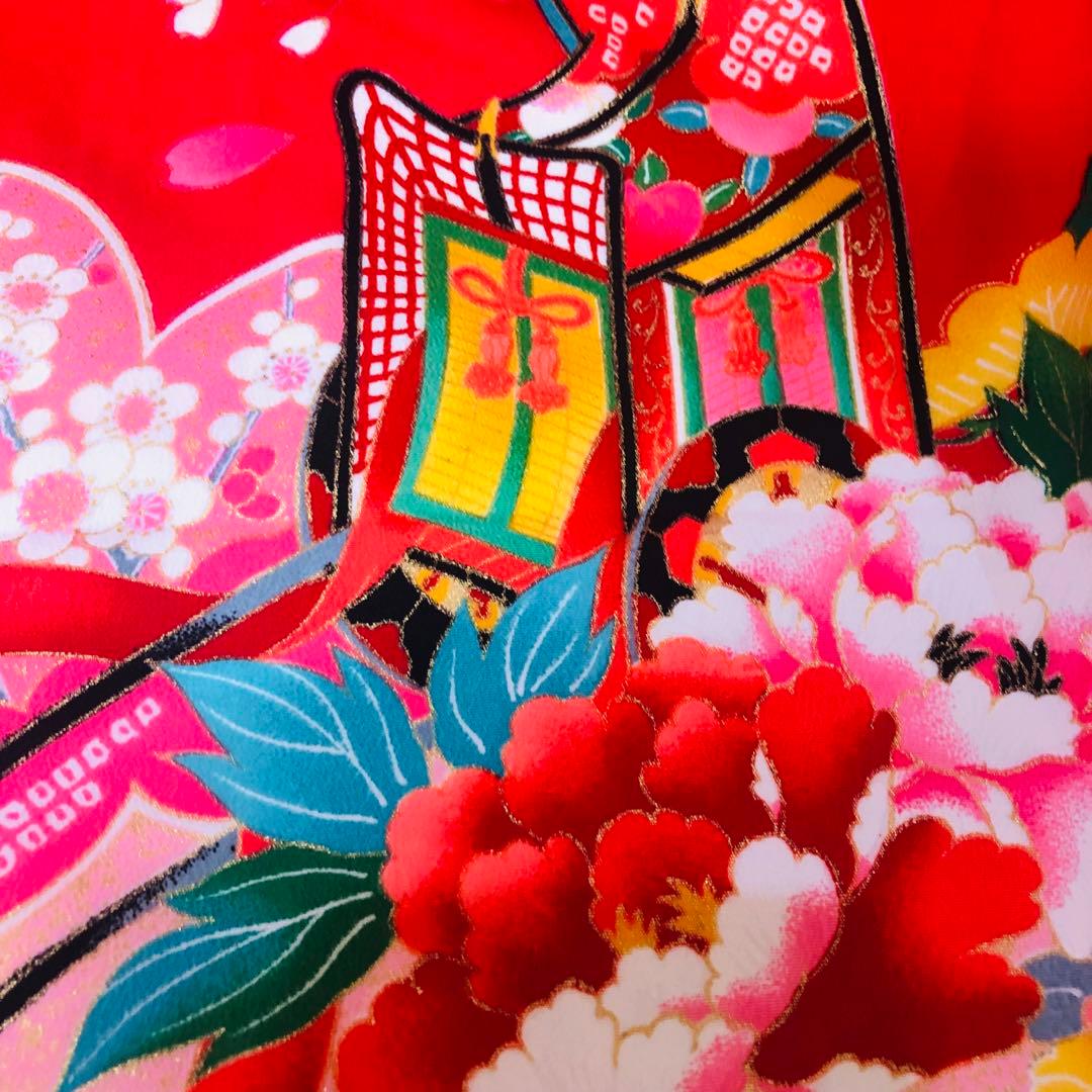 七五三七歳未使用着物‼️人気赤地暈し⭐︎御所車手毬花々煌びやか際立つ⭐︎安心フルセット