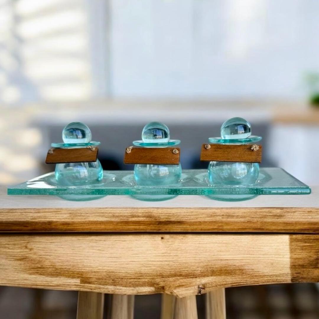 バリガラス　アロマオイルボトル木目プレート付×4セット