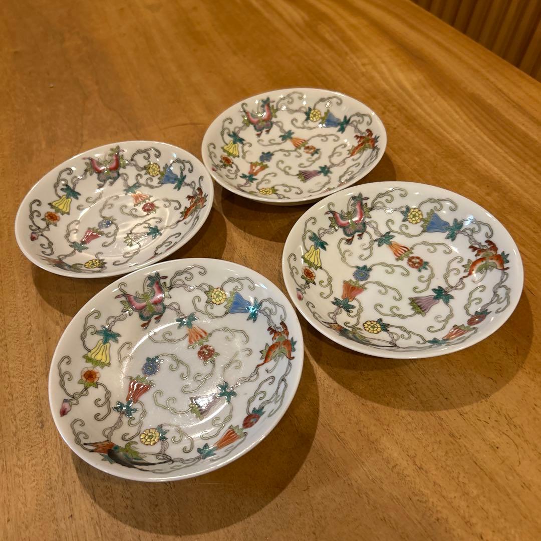 中国　景德镇 粉彩百花果　碗皿　四枚　希少