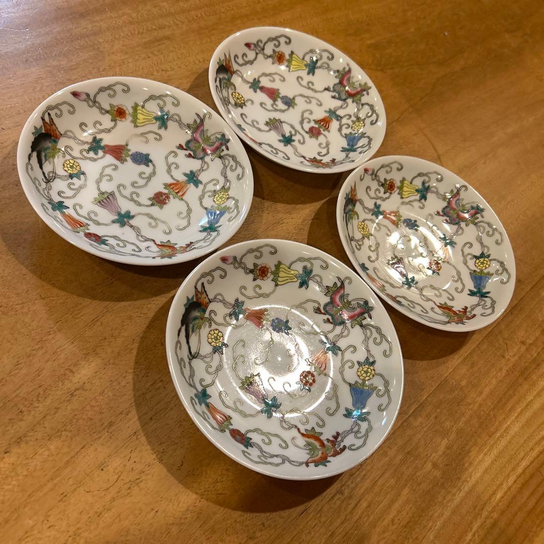 中国　景德镇 粉彩百花果　碗皿　四枚　希少