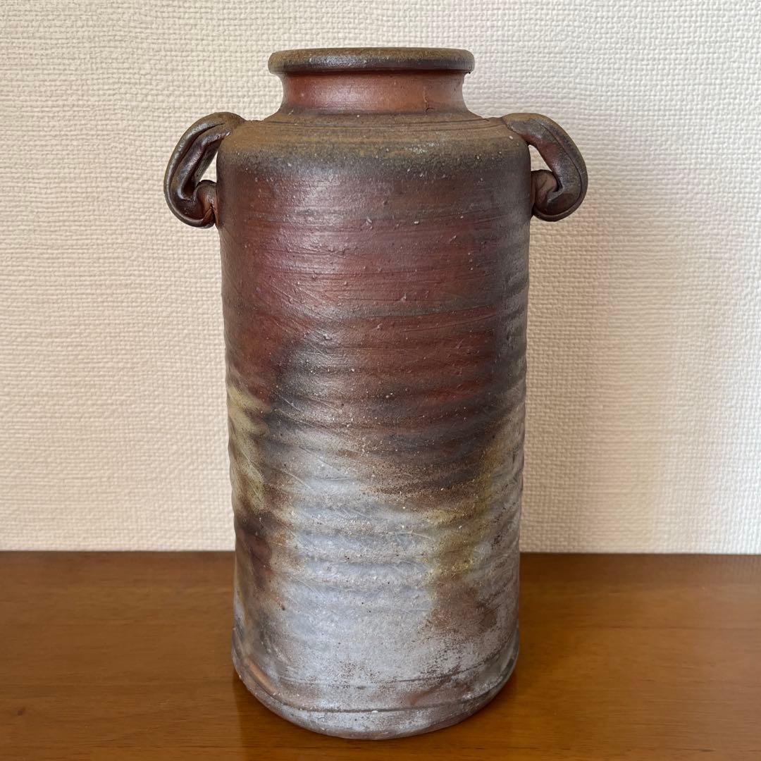 【小川秀蔵 備前焼花瓶】共箱 共布 栞 花器 花入 耳付花入 花生 祖父小西陶古