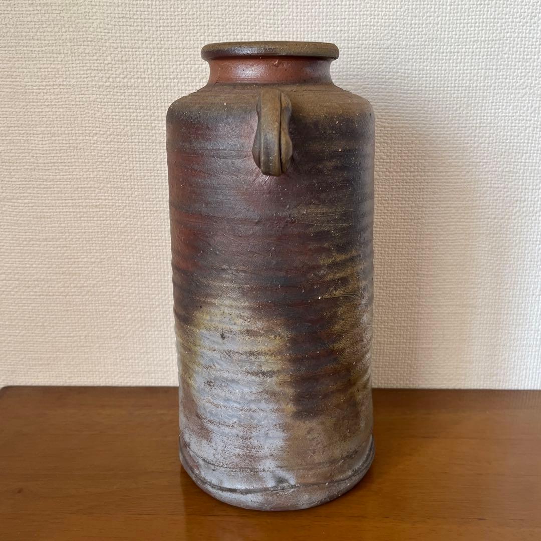 【小川秀蔵 備前焼花瓶】共箱 共布 栞 花器 花入 耳付花入 花生 祖父小西陶古