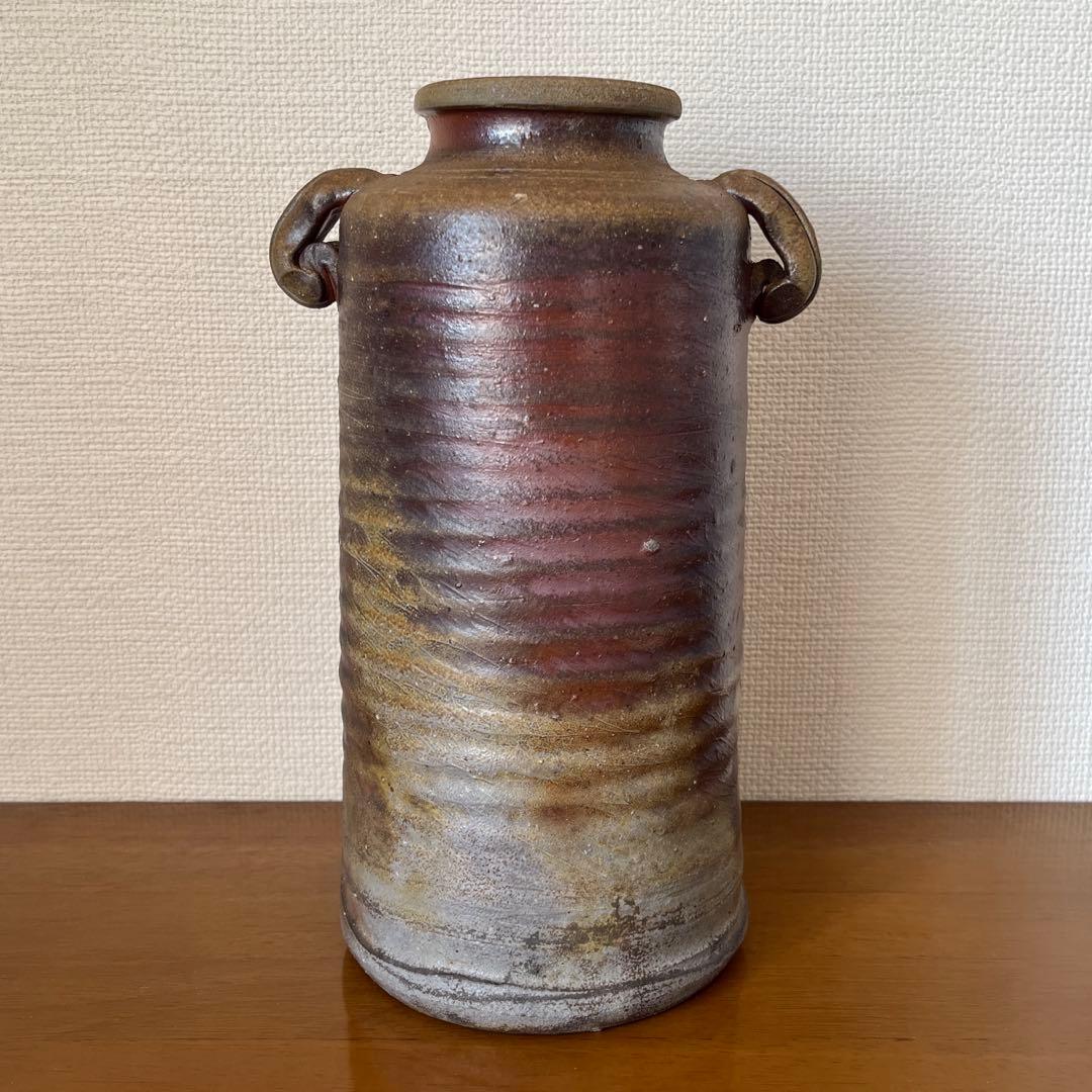 【小川秀蔵 備前焼花瓶】共箱 共布 栞 花器 花入 耳付花入 花生 祖父小西陶古