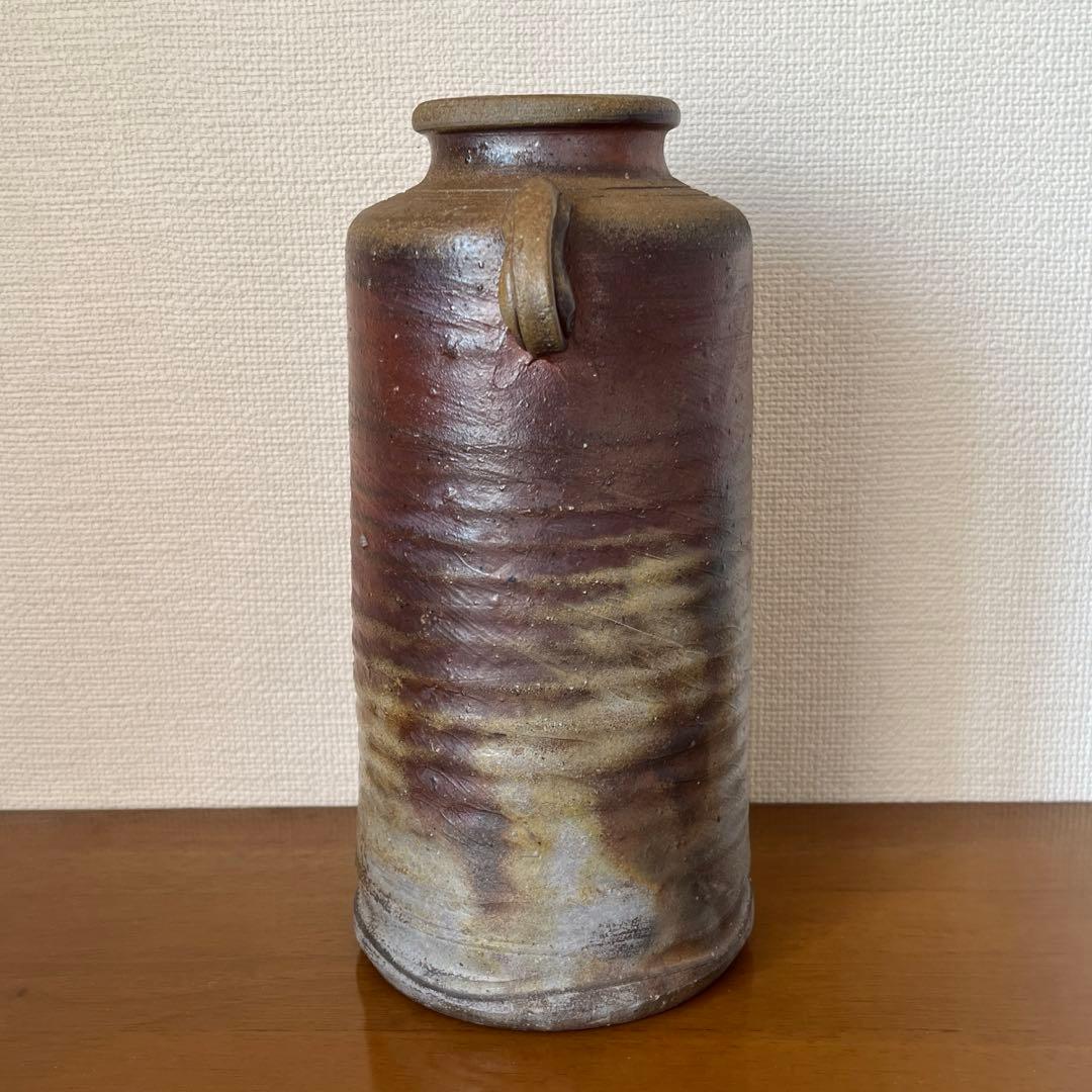 【小川秀蔵 備前焼花瓶】共箱 共布 栞 花器 花入 耳付花入 花生 祖父小西陶古